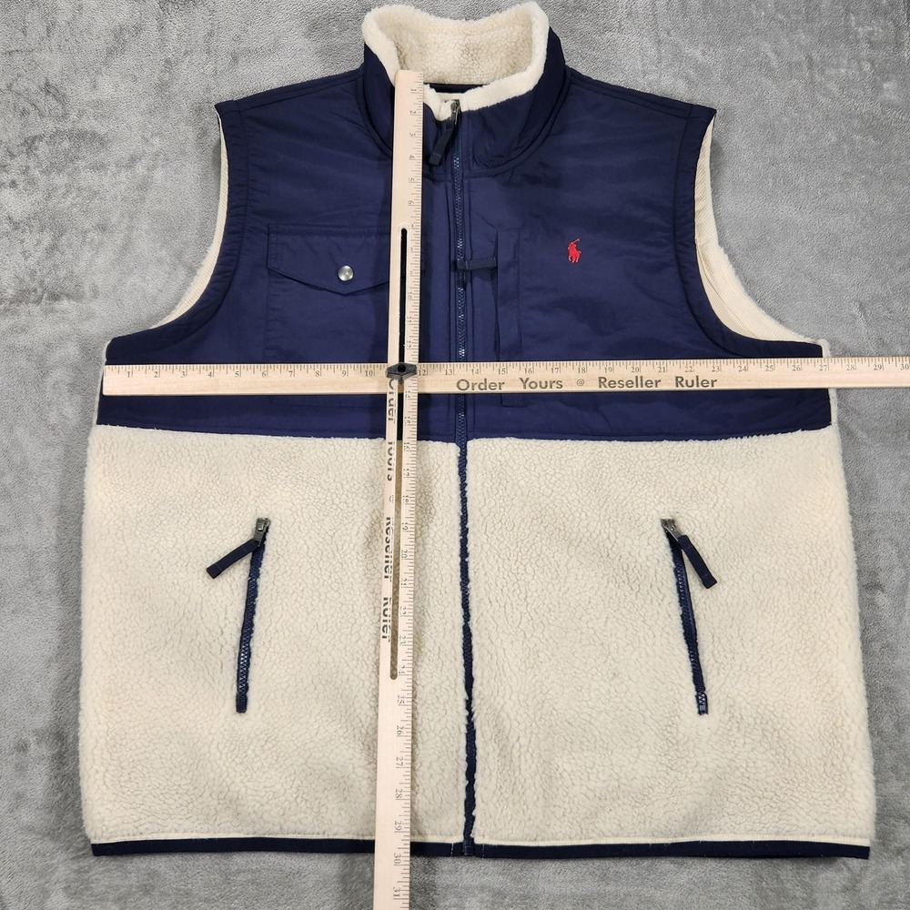 Polo Ralph Lauren Vest Mens 2XL White Sherpa Fleece Navy Yoke Outdoor Zip - Picture 7 of 11